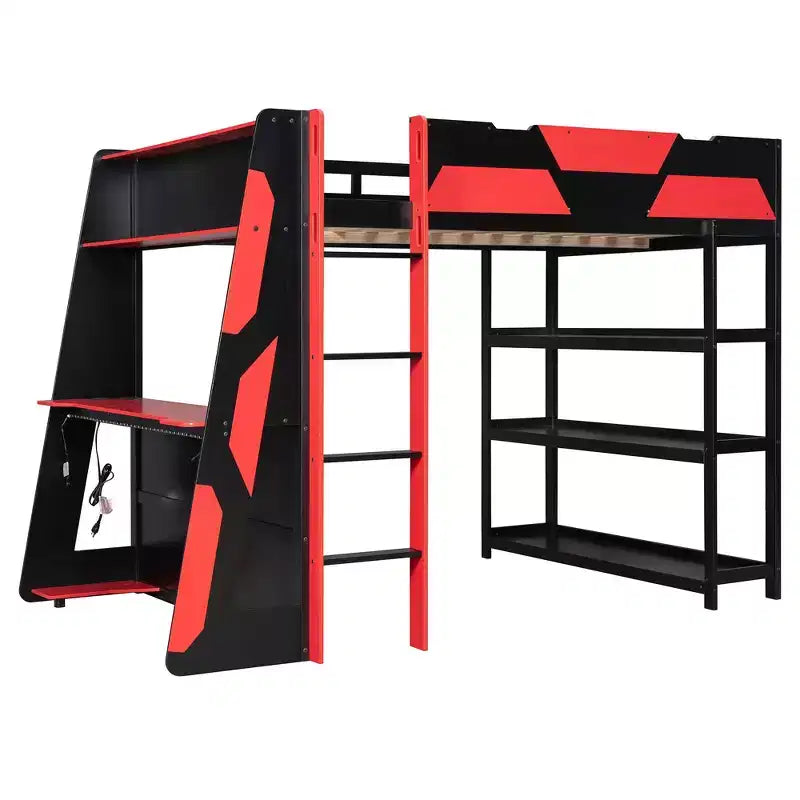 Luxystar Full Gaming Loft Bed with Desk, Storrage Shelves and Lights