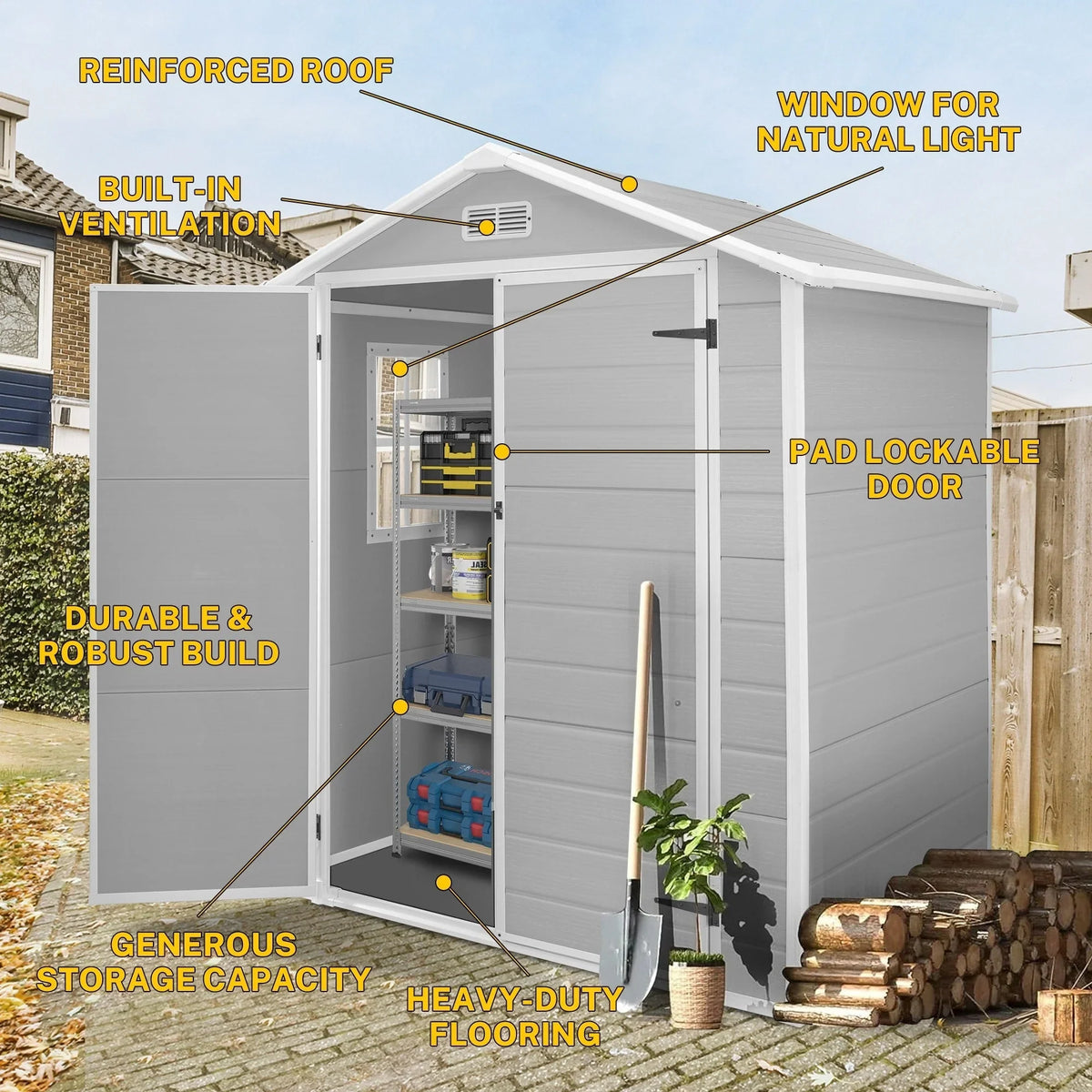6 ft x 4 ft/6 ft x 8 ft/8 ft x 6 ft/8 ft x 10 ft All-Weather Resin Outdoor Plastic Storage Shed w/Floor, Spire Tool Shed