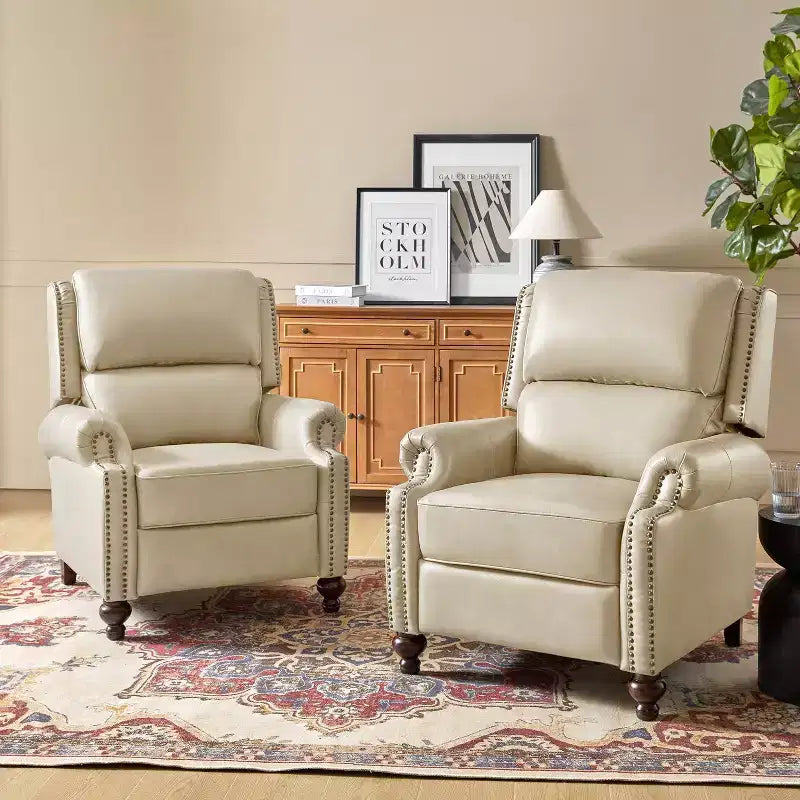 Set aus 2 modernen Elisabete-Sesseln mit hoher Rückenlehne aus echtem Leder und Vintage-Nagelkopfbesatz für Wohnzimmer und Schlafzimmer| ART OF LIVING DESIGNS