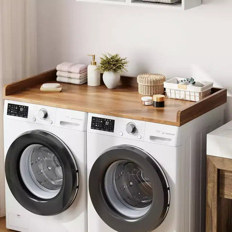 Aanrechtblad voor wasmachine en droger, wasruimteblad met opstaande rand en antislipmat voor opbergruimte voor wasmanden en organisatie van de wasruimte