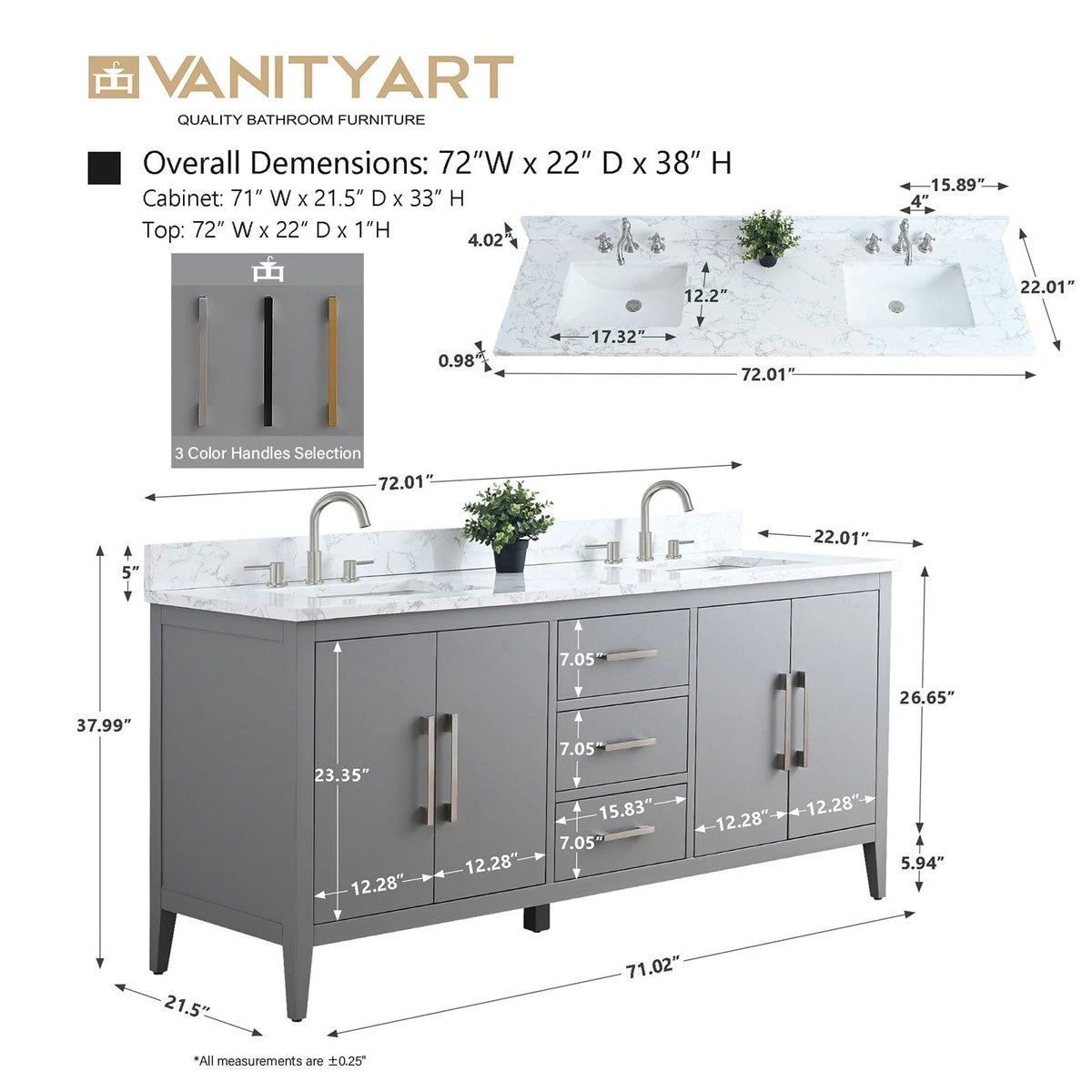 Vanity Art 72 badkamermeubel met dubbele wastafel en blad van composietmarmer