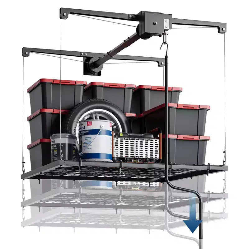 Scaffale regolabile per ripostiglio da garage per carichi pesanti, montato a soffitto con blocco di sicurezza, portata di 250 libbre per contenitori, attrezzi, biciclette e garage