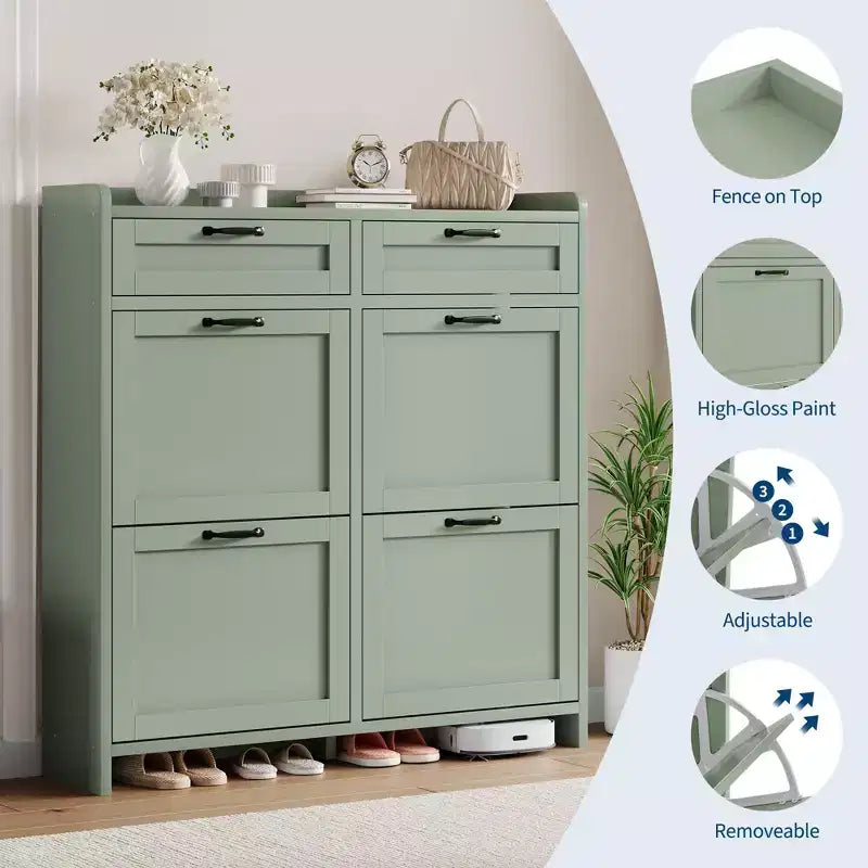 Shoe Cabinet with 4 Flip Drawers & 2 Top Drawers, Wooden Shoe Organizer Cabinet with Adjustable Shelf, Freestanding Shoe Storage Cabinets