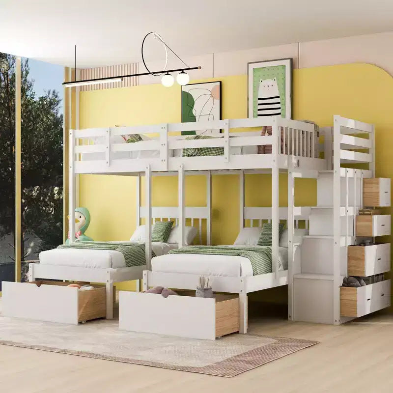 Whisen Full Over Twin & Twin Bunk Bed, Wood Triple Bunk Bed with Drawers and Guardrails