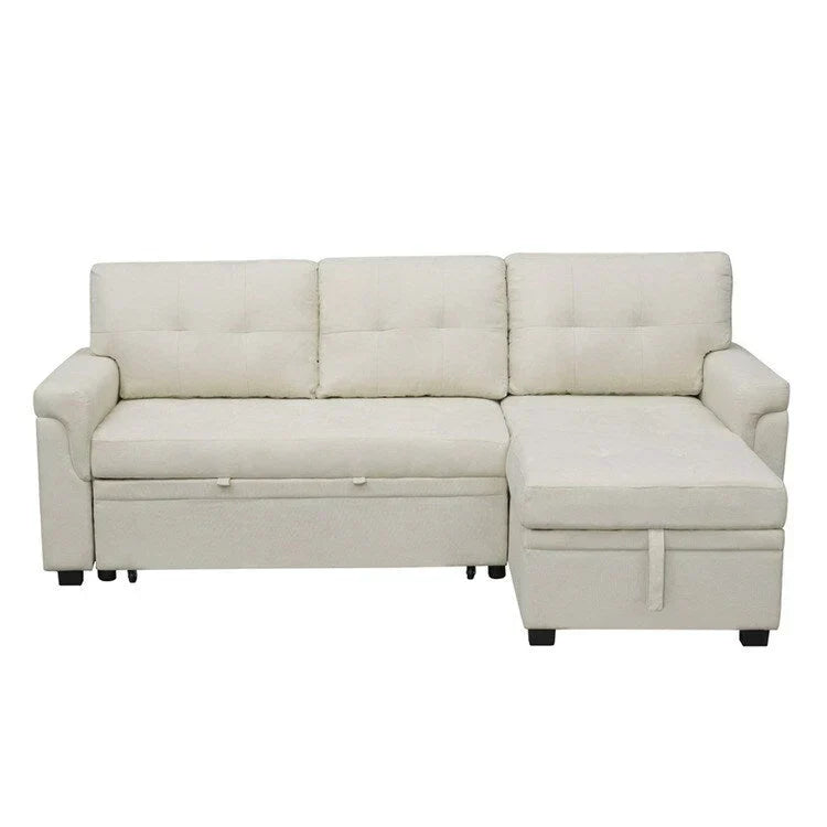 Divano componibile reversibile trasformabile con letto estraibile, chaise longue con contenitore nascosto e gambe resistenti