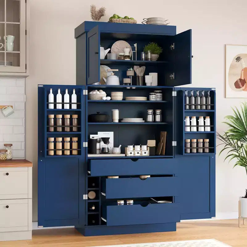 77H Freestanding Kitchen Pantry, Farmhouse Storage Cabinet with Adjustable Shelves, Door Shelves, Drawers & Wine Racks - ModernLuxe