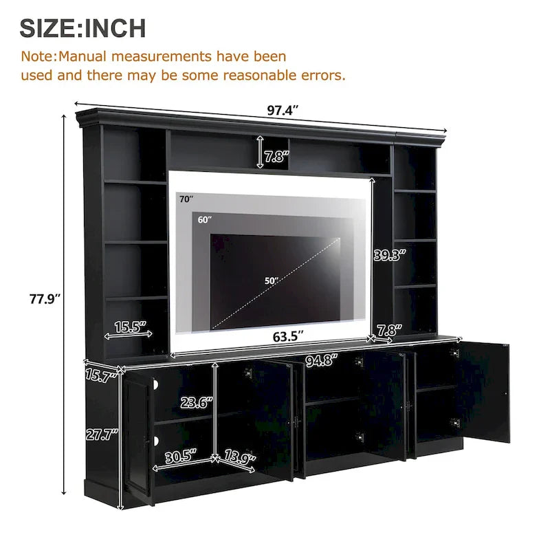 4-teiliges Entertainment-Center-Wandmöbelset mit Brücke für Fernseher bis 70 Zoll, TV-Ständer mit verstellbaren Regalböden, große Medienkonsole