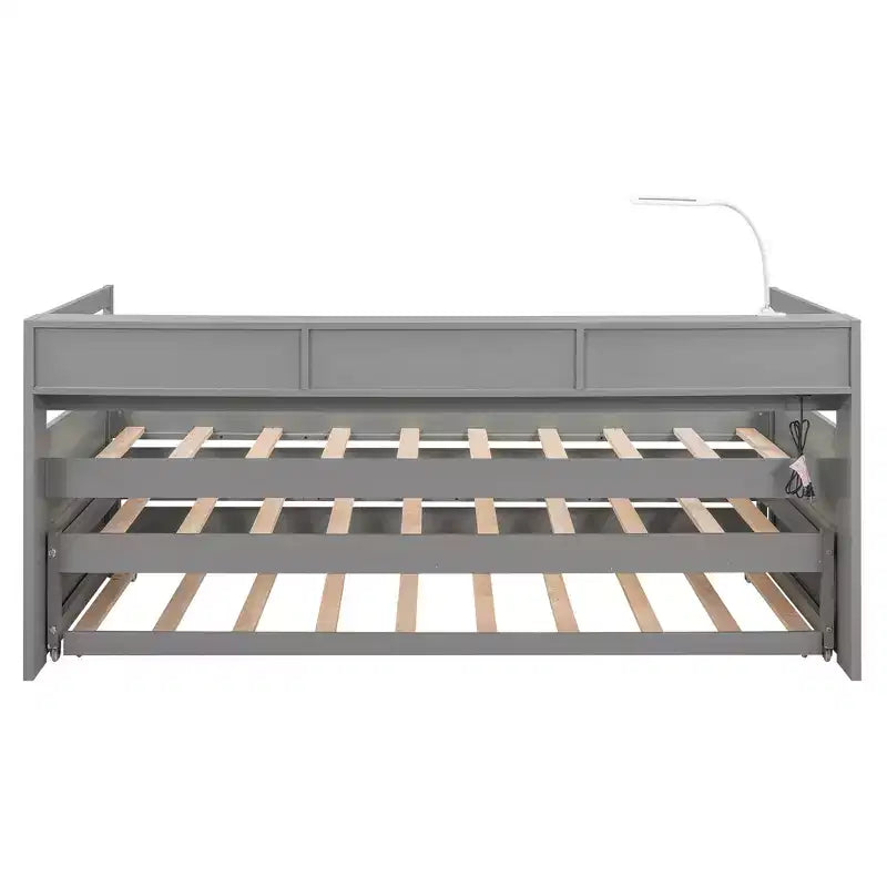 Whisen Twin XL Wood Daybed with 2 Trundles, 3 Storage Cubbies, 1 Light for Free and USB Charging Design
