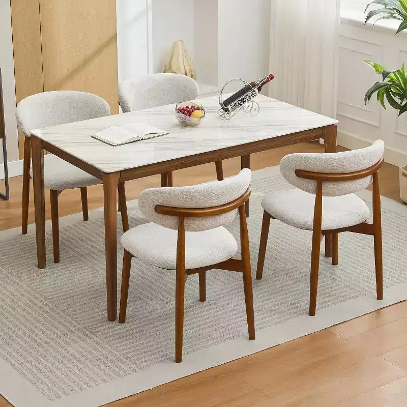 Set van 4 eetkamerstoelen, modern gestoffeerd ontwerp uit het midden van de eeuw, landelijke keukenstoelen met gewatteerde stoffen zitting en houten poten, beige