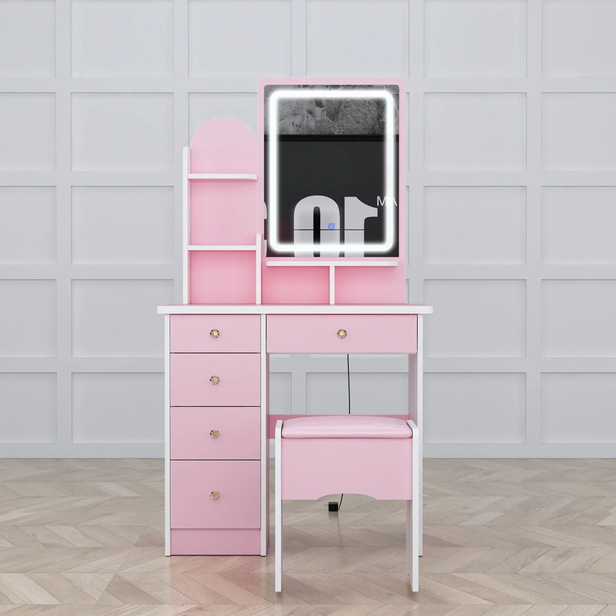 Schminktisch-Set mit LED-Beleuchtung, Spiegel und Hocker