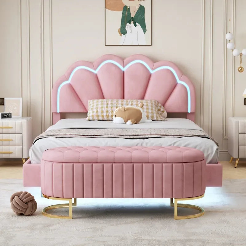 2-teiliges Schlafzimmer-Set: LED-Polsterbett in voller Größe mit Stauraumhocker