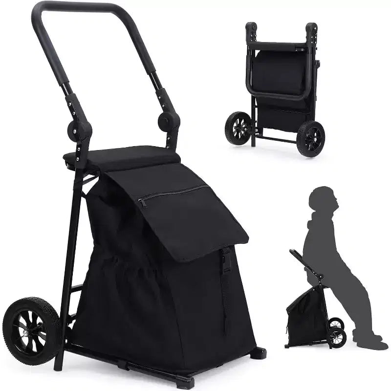 Acekool 2-in-1 Foldable Hand Truck Utility Cart with Removable Waterproof Bag, Thick Seat Cushion & Adjustable Non-Slip Handle, Black