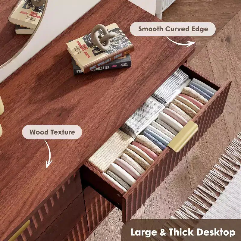 9 Drawers Fluted Dresser, Modern Chest, Wooden Dresser TV Stand, Curved Profile Design, for Living Room, Hallway