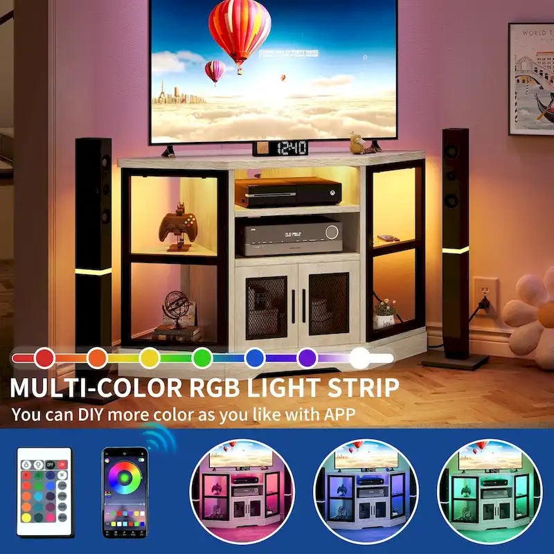 Meuble TV d’angle de style maison de campagne, centre de divertissement et console multimédia pour téléviseurs jusqu’à 55 po, avec prise électrique