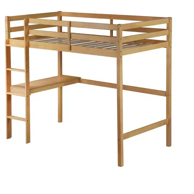 Okak Minimalism Loft Bed with Ladder, Rubber Wood Twin Loft Bed with Safety Guardrail and Build-In Desk, Bed Frames for Kids, Teenagers