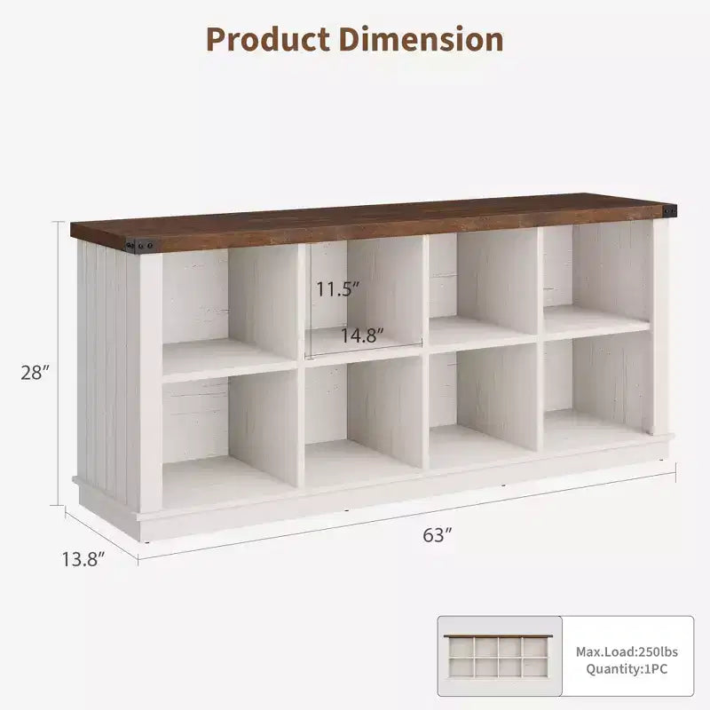 8 Cube Storage Organizer Bookshelf, Farmhouse Horizontal Bookcase, 62 Inch Wood Storage Bookcase for Entryway, Long Low Bookshelves for Living Room