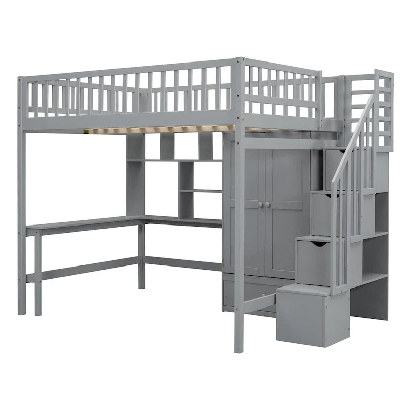 Full Pine Loft Bed with Desk and Storage
