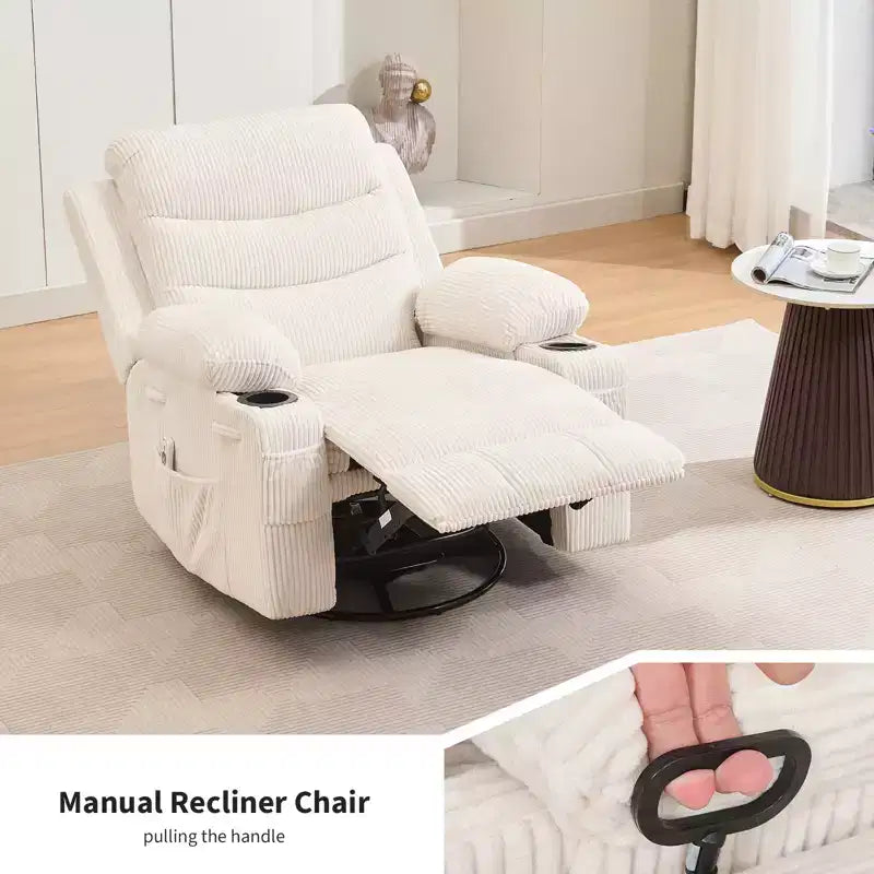 Draaibare relaxfauteuil met massage en warmte, 360°-schommelstoel met bekerhouders en zijvakken, ergonomische loungestoel voor woonkamer, camper en babykamer