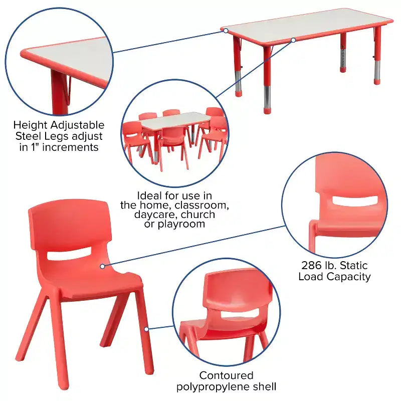 Emma and Oliver rechthoekige kunststof activiteitentafelset van 23,625W x 47,25L met verstelbare hoogte en 6 stoelen