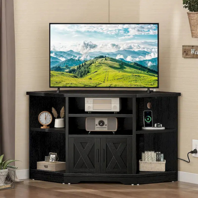 Meuble TV d’angle de style maison de campagne, centre de divertissement et console multimédia pour téléviseurs jusqu’à 55 po, avec prise électrique