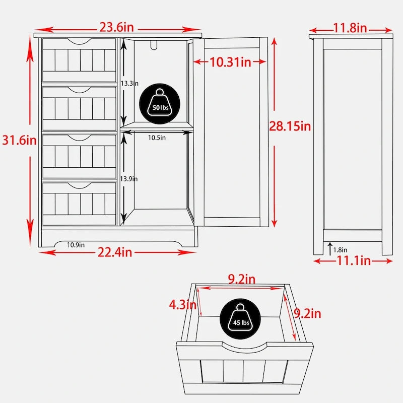VEIKOUS Bathroom Floor Storage Cabinet with 4 Drawers