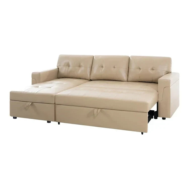 Divano componibile reversibile trasformabile con letto estraibile, chaise longue con contenitore nascosto e gambe resistenti