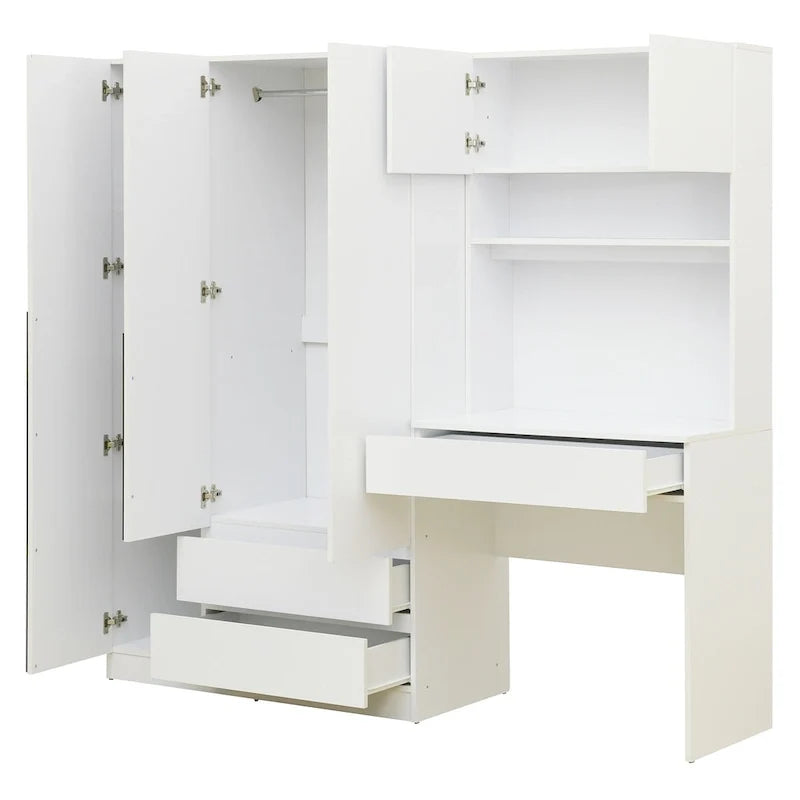 3-in-1 Wardrobe Closet with Vanity Desk, Desk Set, Bedroom Armoire with 2 Drawers 3-Door Storage Desk Wardrobe