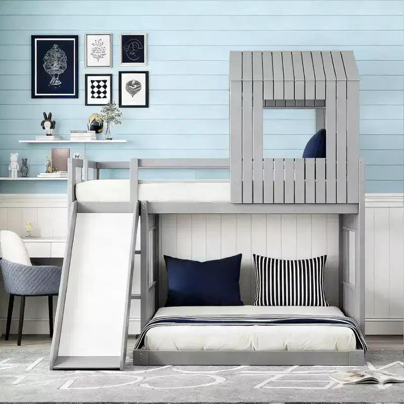 Luxystar Twin Over Full Wood Bunk Bed with Playhouse, Slide and Guardrails