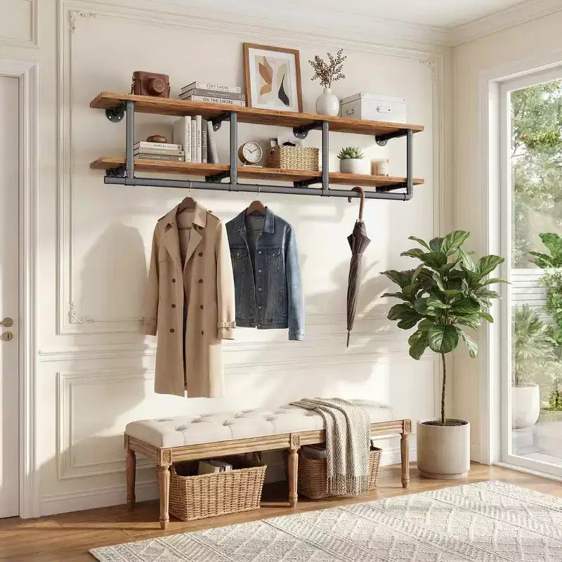 Perchero para ropa Besiost de 2 niveles con barra para colgar, estantes para ropa y estante superior