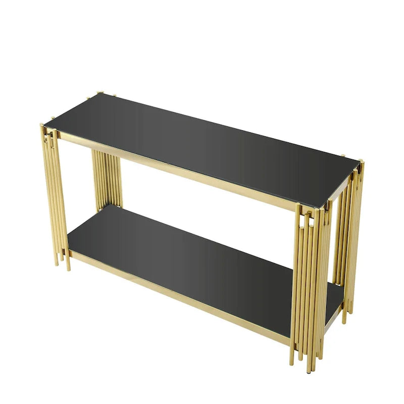 Console étroite à 2 niveaux avec structure en métal finition dorée et plateau en verre trempé