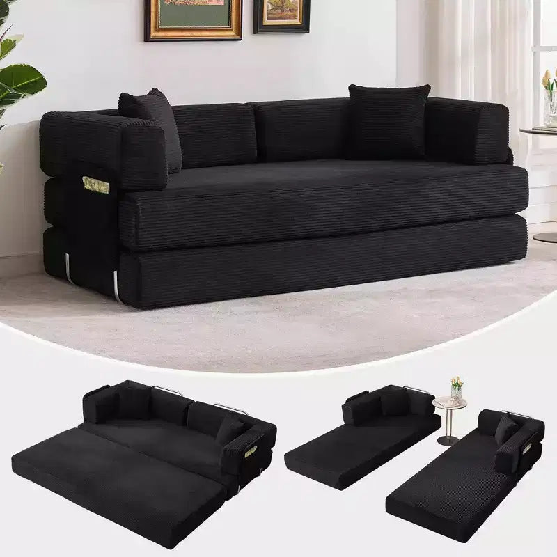 Divano letto, materasso pieghevole 5-in-1 da 78,8 pollici, divanetto, struttura fissa in acciaio, velluto a coste con cuscini