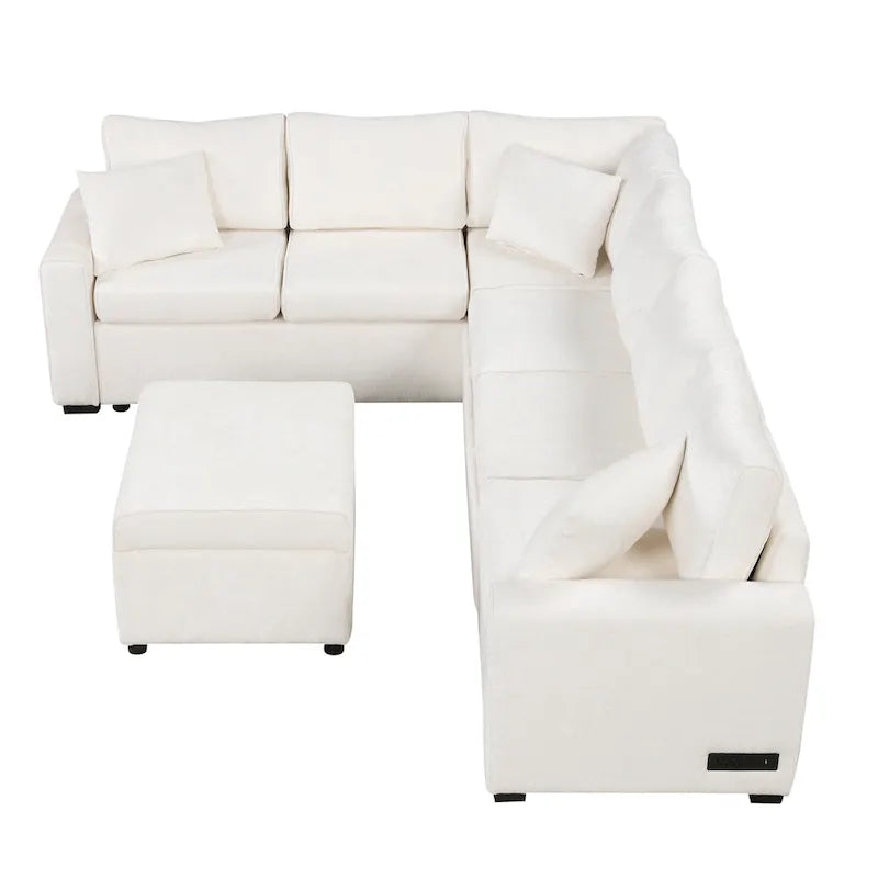 Chenille Sectional Sofa Pull-out Sofa Bed, L-Shape Sleeper Sofa with Storage Ottoman, 3 Pillows and Charging Devices