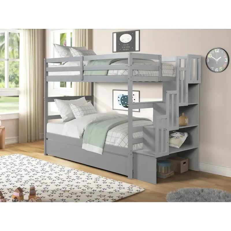 Letto a castello singolo su singolo con letto estraibile singolo e vano portaoggetti integrato nella scala, colore grigio