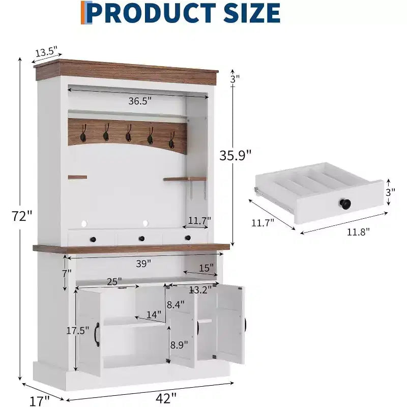 183 cm hoher Kaffeebarschrank im Landhausstil mit LED-Beleuchtung, Küchenbuffet mit Türen und Schublade, verstellbaren Regalböden und geräumigem Stauraum