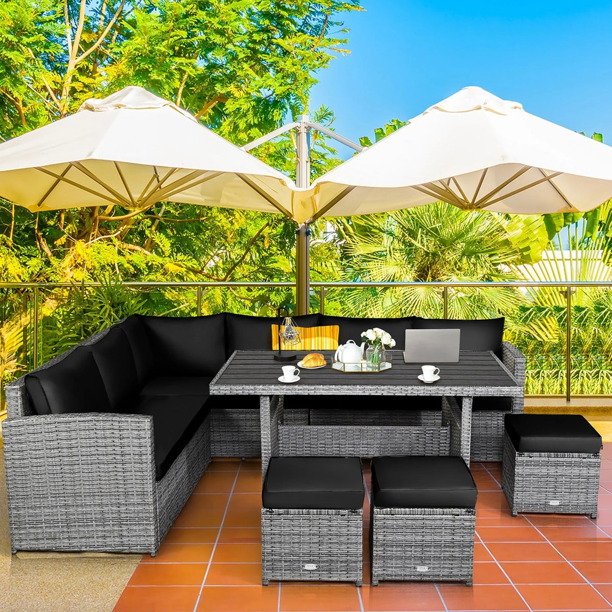 Costway 7-delige eethoek voor de patio van rotan, modulaire bank, fauteuil en voetenbank - Bekijk de details