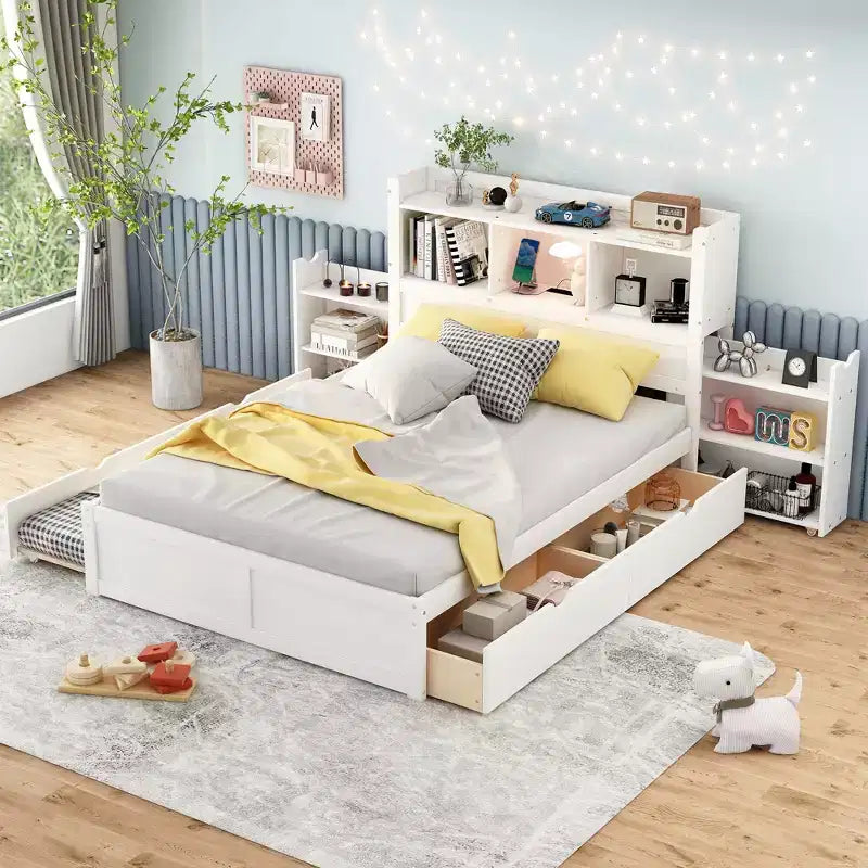 Eenpersoons platformbed met opbergruimte, uitschuifbed, boekenkasthoofdbord en oplaadstation, houten bedframe met planken en laden