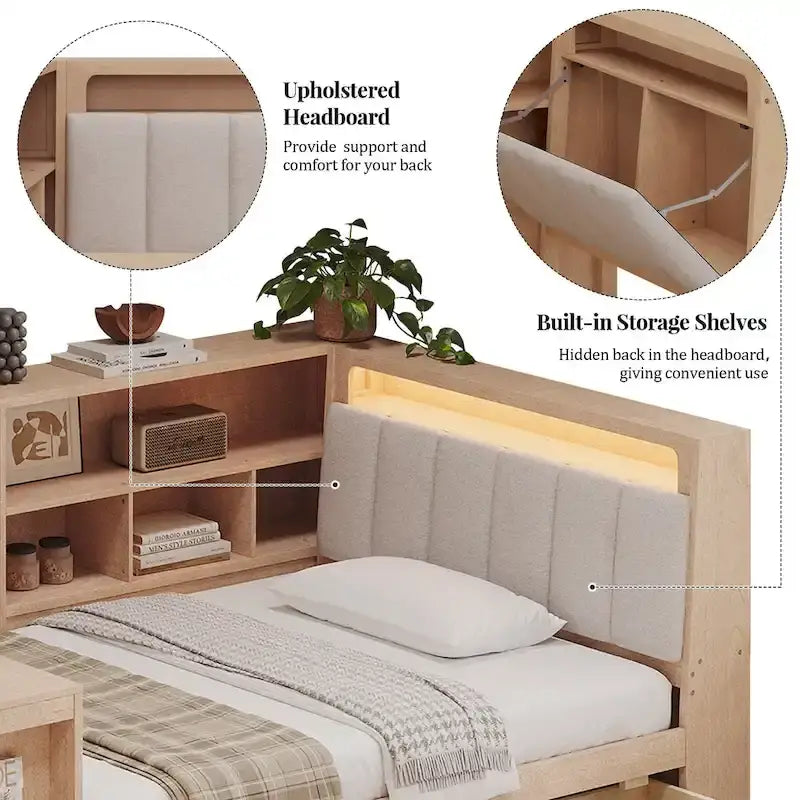 L-förmiges Holz-Sofa-Tagesbett mit Schreibtisch, Bücherregal-Schrank, Eckbett mit Schubladen unter dem Bett, gepolstertem Kopfteil und integrierter Beleuchtung