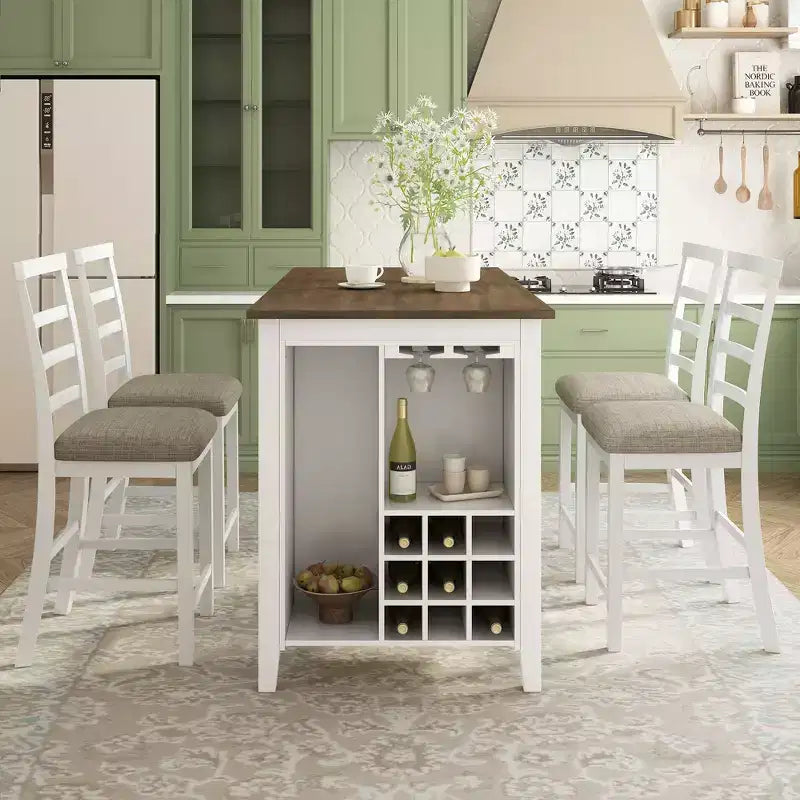 Ensemble de salle à manger de style maison de campagne 5 pièces, hauteur comptoir, avec chaises pour 4 personnes, table rectangulaire en bois avec étagères de rangement et compartiment pour bouteilles de vin