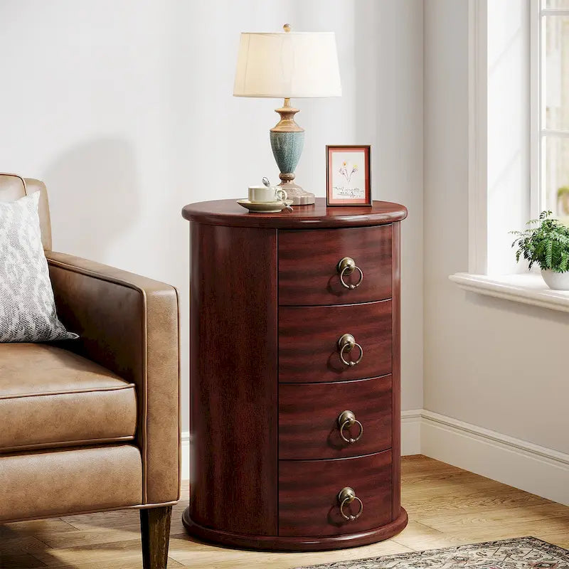 No Assembly Solid Wood End Table, Vintage Round Side Drawers Table