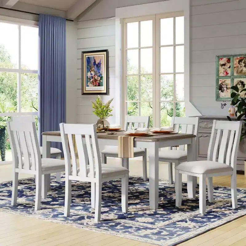 Farmhouse Extendable Dining Table Set for 6, Rectangular Table and 6 Upholstered Chairs