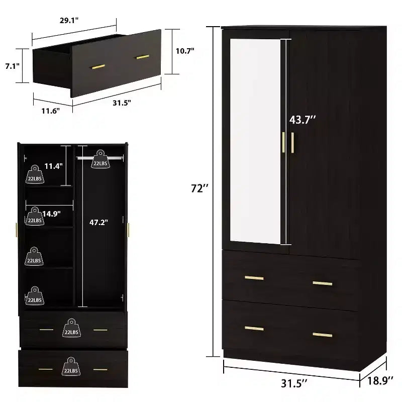 Armoire Hitow à portes miroirs avec deux tiroirs et rangement compartimenté