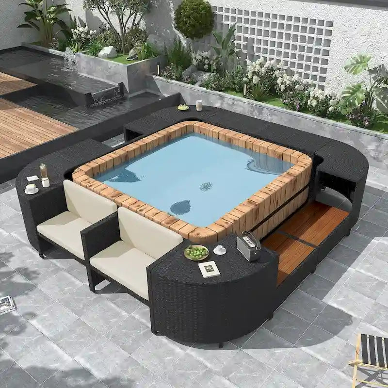 Vierkante loungeset van rotan voor buiten met spa-omlijsting en frame