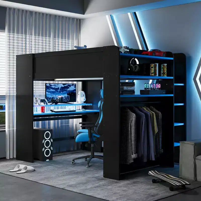 Letto a soppalco Luxystar matrimoniale con scrivania regolabile illuminata, guardaroba aperto e libreria