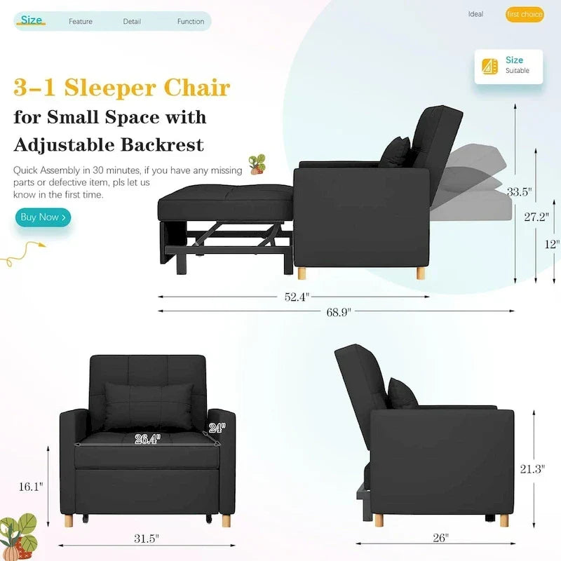 Sillón sofá cama 3 en 1 AECOJOY con almohada y respaldo convertible
