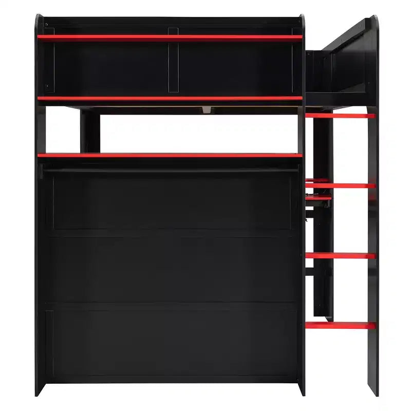Letto a soppalco Luxystar matrimoniale con scrivania regolabile illuminata, guardaroba aperto e libreria