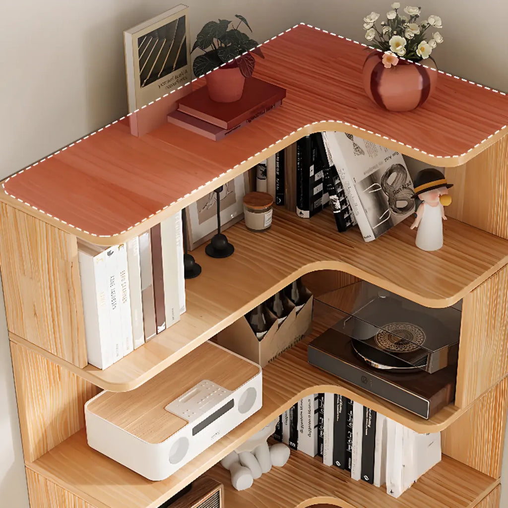 Bibliothèque verticale en bois en forme de L, finition naturelle, dos ouvert