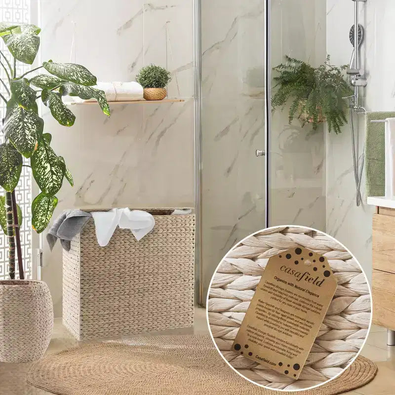 Casafield 2-Section Laundry Hamper with Lid and Removable Liner Bags, Woven Water Hyacinth Laundry Basket Sorter for Clothes