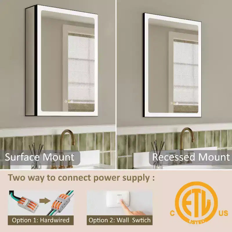 Bathroom Medicine Cabinet with LED Mirror, Surface or Recessed Mount, Dimmable Light, Anti-Fog, Adjustable Shelving