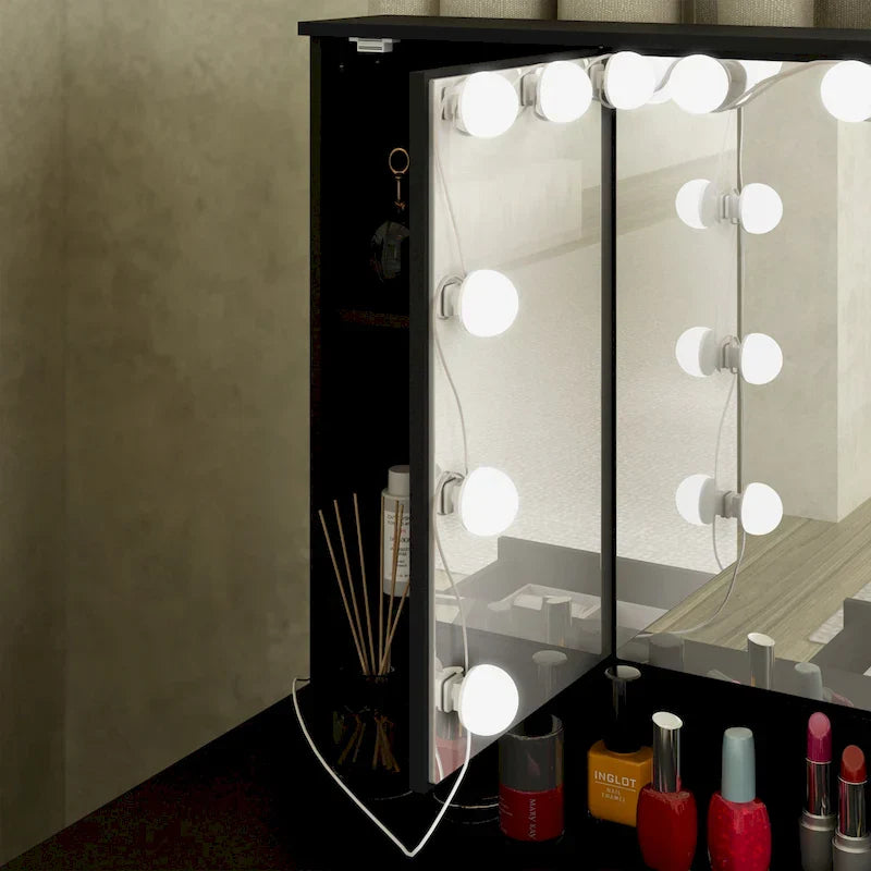 Luksusowa toaletka do makijażu LED z 9 szufladami, elegancka stacja do makijażu