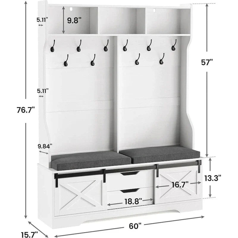 Vestiaire avec banc et rangement pour chaussures, portemanteau avec porte de grange